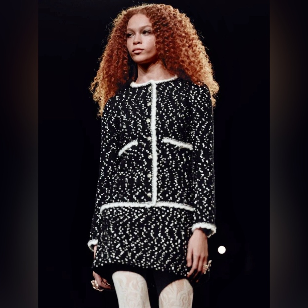 Chanel runway tweed embroidered sequin flower dress jacket